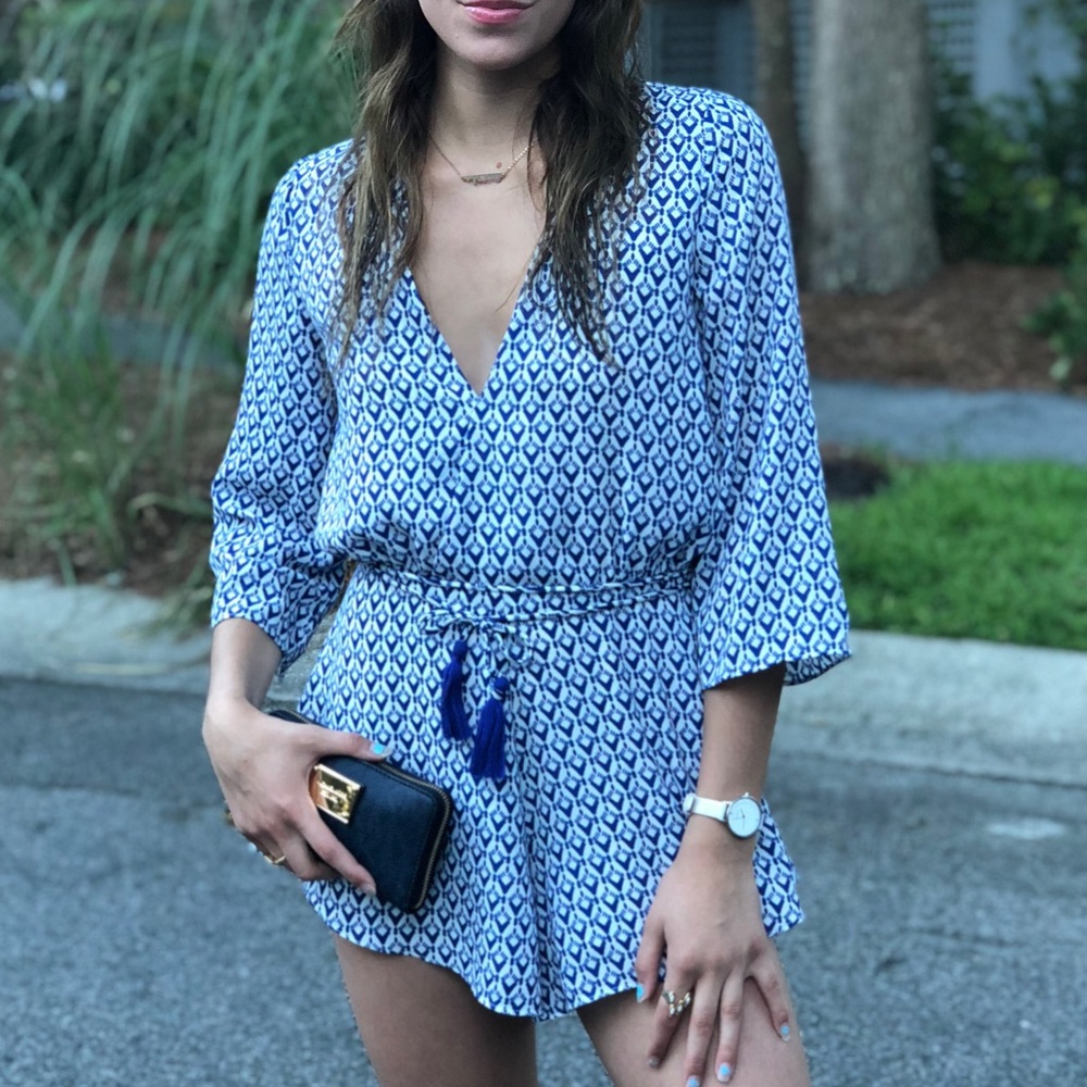 Olivaceous Blue & White patterned open back Romper